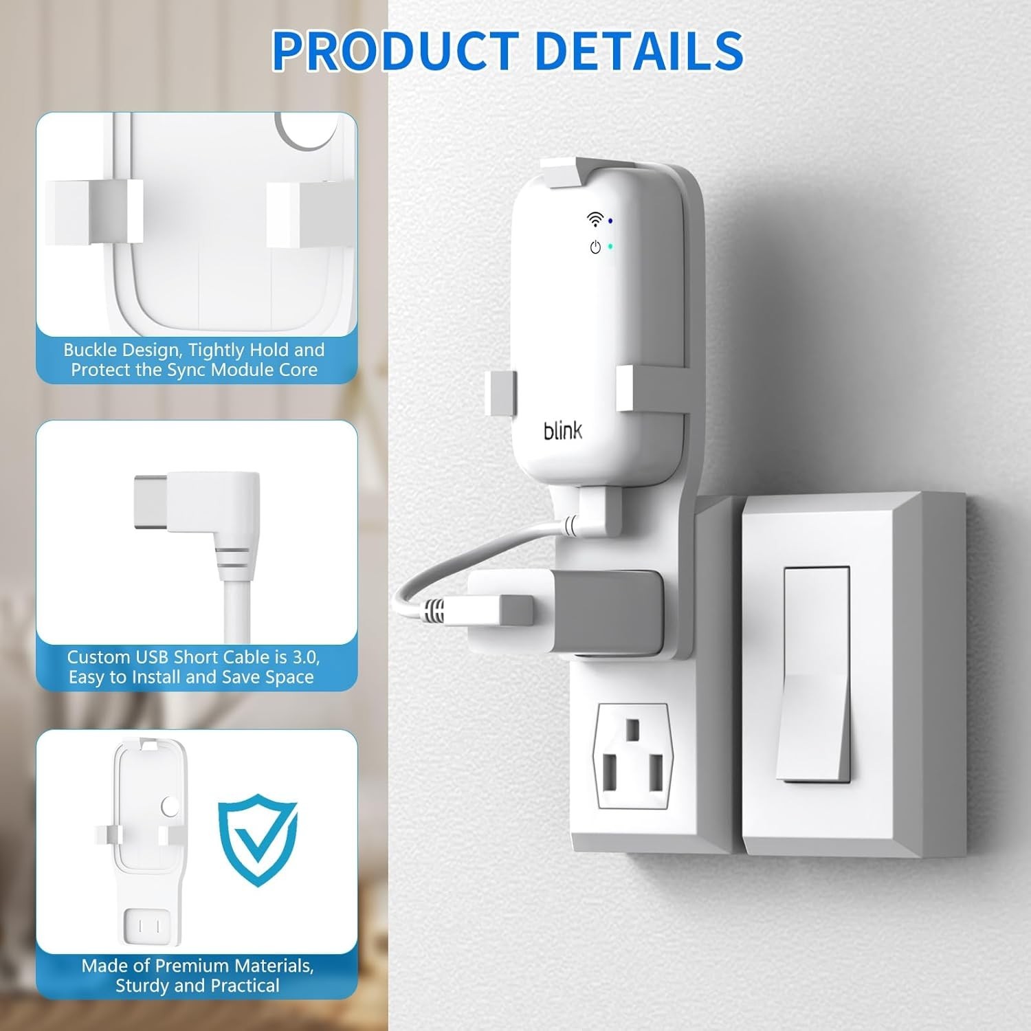 No-Drill Wall Outlet Mount for Blink Sync Module Core - Clean Cable Management