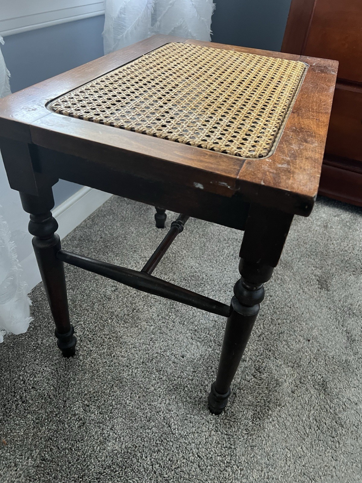 VTG Solid Walnut Vanity Bench Piano Stool Cane Bottom Turned Legs