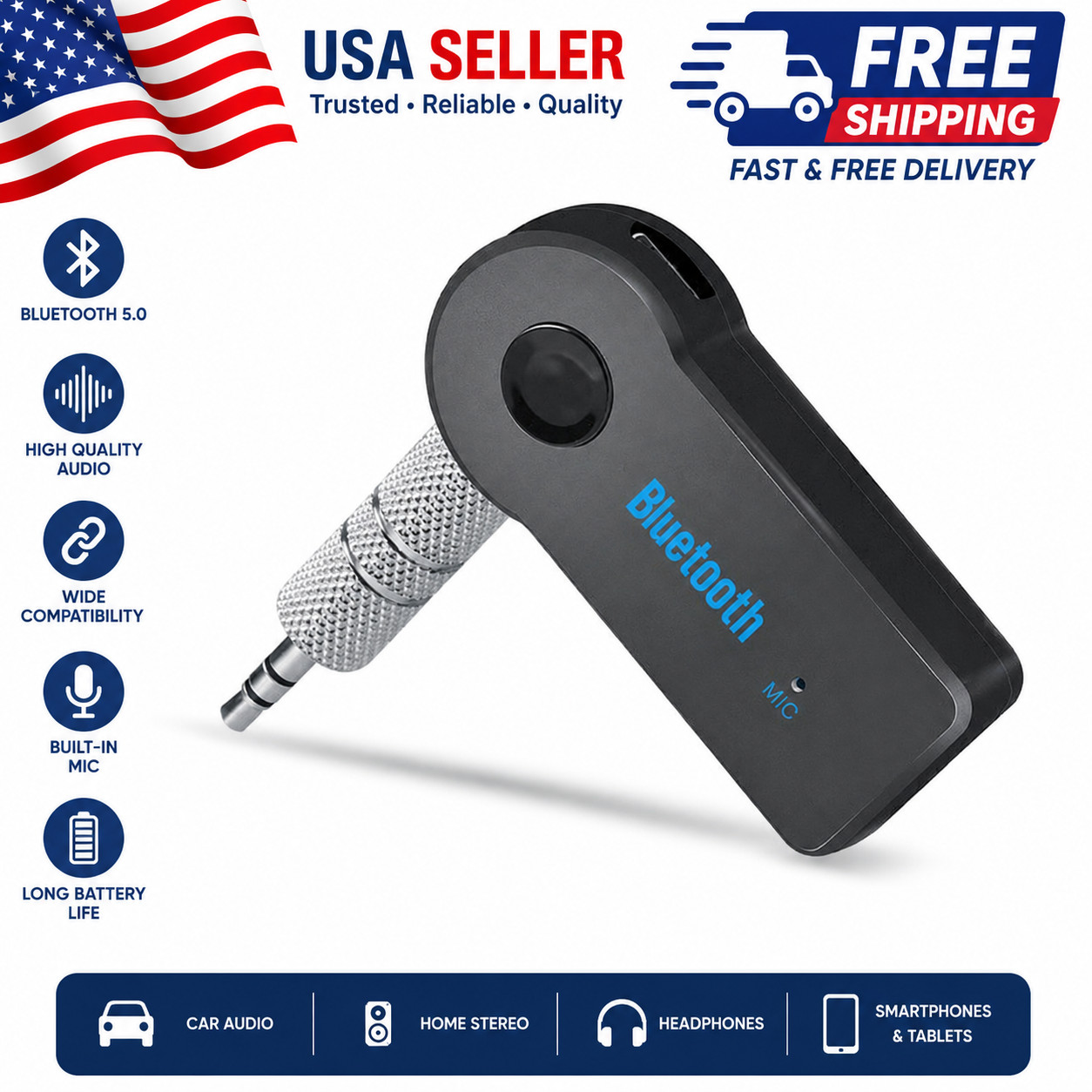 Wireless Bluetooth Receiver 3.5mm AUX Audio Stereo Music Home Car Adapter Kit