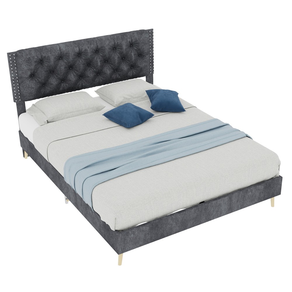 Velvet Upholstered bed - blending luxury and comfort, queen size, color: beige.