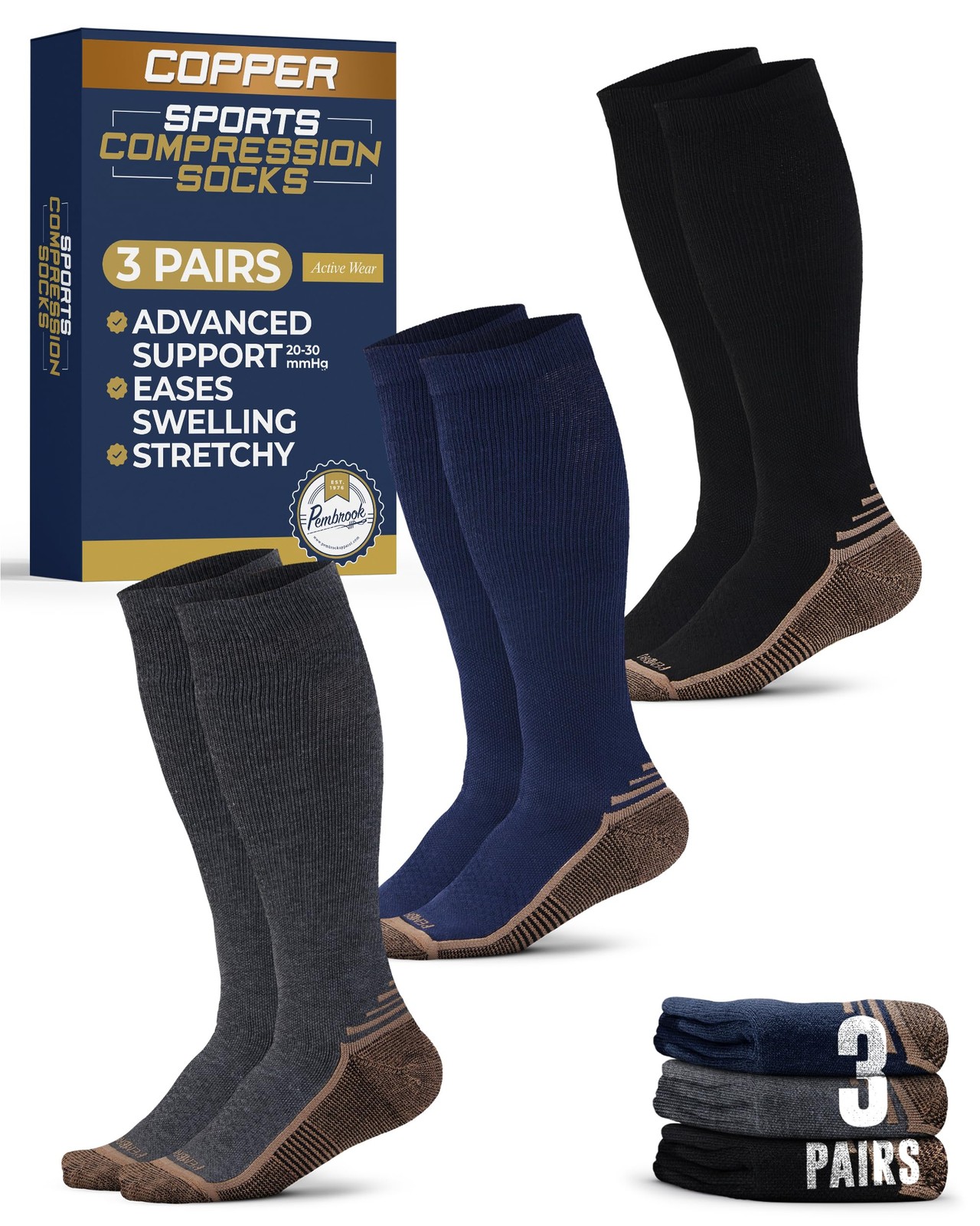 Pembrook 3 Pairs Copper Compression Large, Black/Dark Gray/Navy - 3