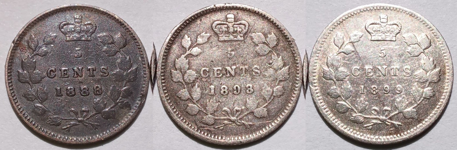 1888 1893 1899 Canada Victoria Silver 5 Cents 3-Coin Lot