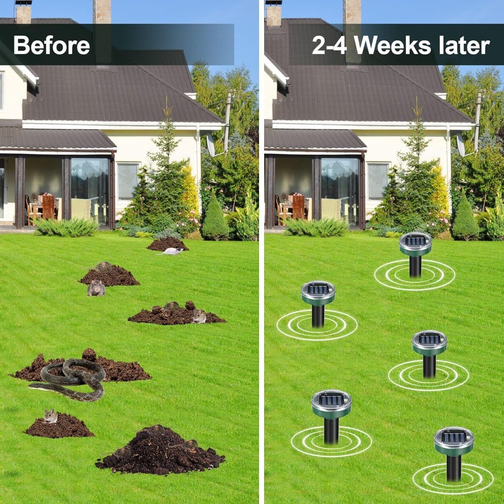 8 Pack Solar Groundhog Repeller, Ultrasonic Sonic Mole Snake Deterrent Spikes