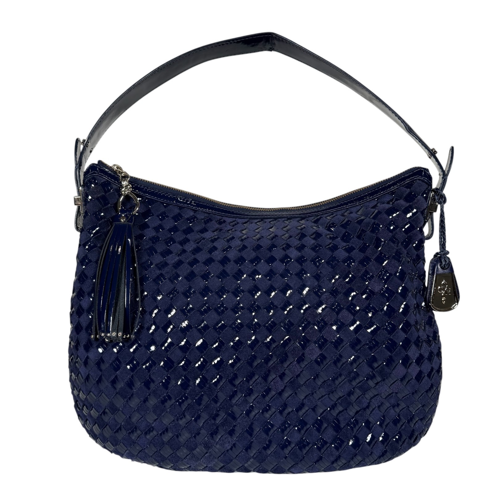 Cole Haan Womens Navy Blue Woven Patent Leather Tassel Hobo Shoulder Bag