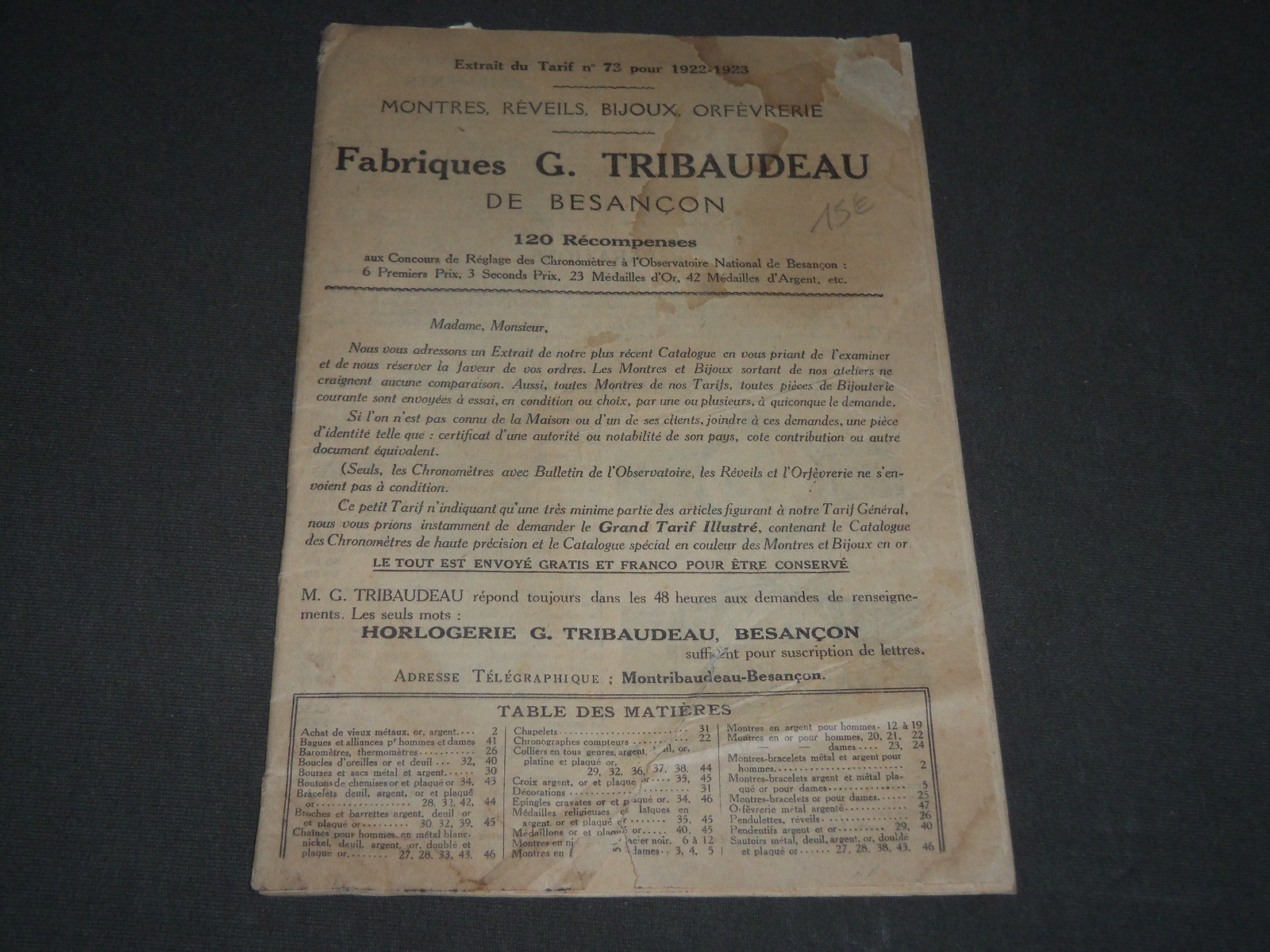 1922-1923 G. TRIBAUDEAU FABRIQUES DE BESANCON MONTRES FRENCH CATALOGUE - FR 599