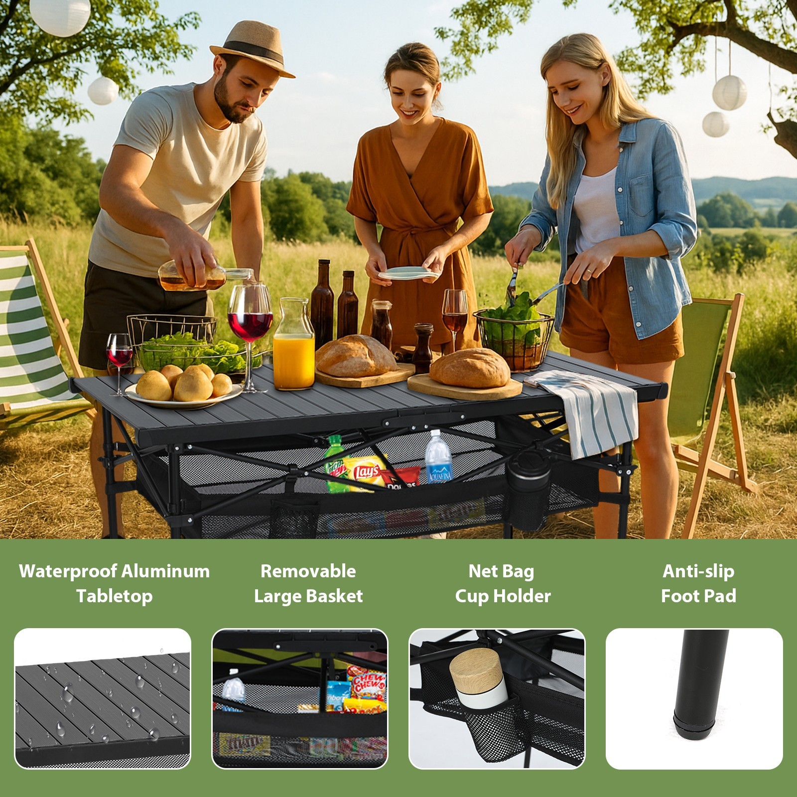 Black Aluminum Folding Camping Table with Mesh Storage, Cup Holders & Carry Bag