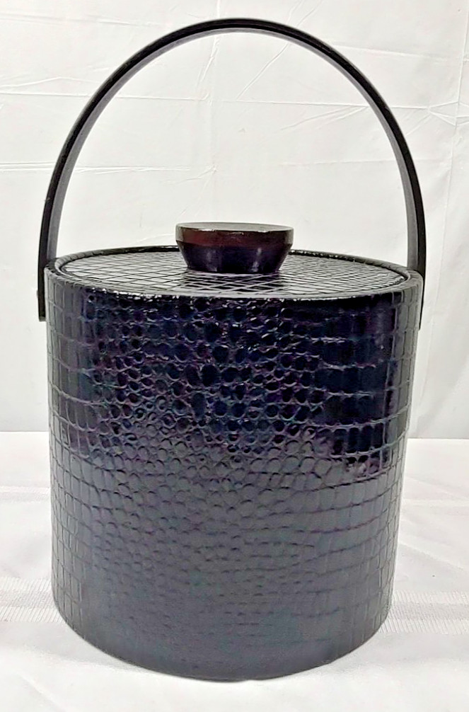 Vintage Black Ice Bucket Faux Alligator Lid Handle 9" MCM Barware Insulated