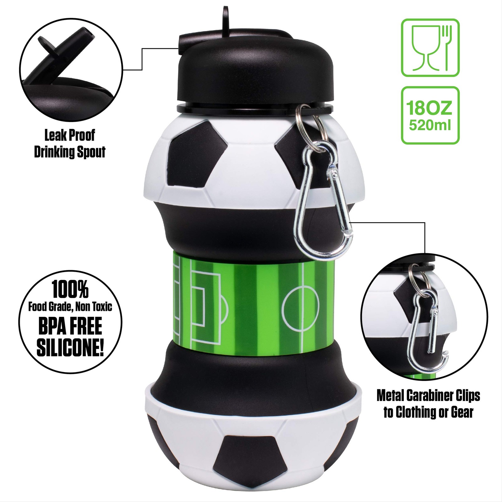 Collapsible Silicone Soccer Ball Water Bottle, 18 oz, BPAFree, LeakProof