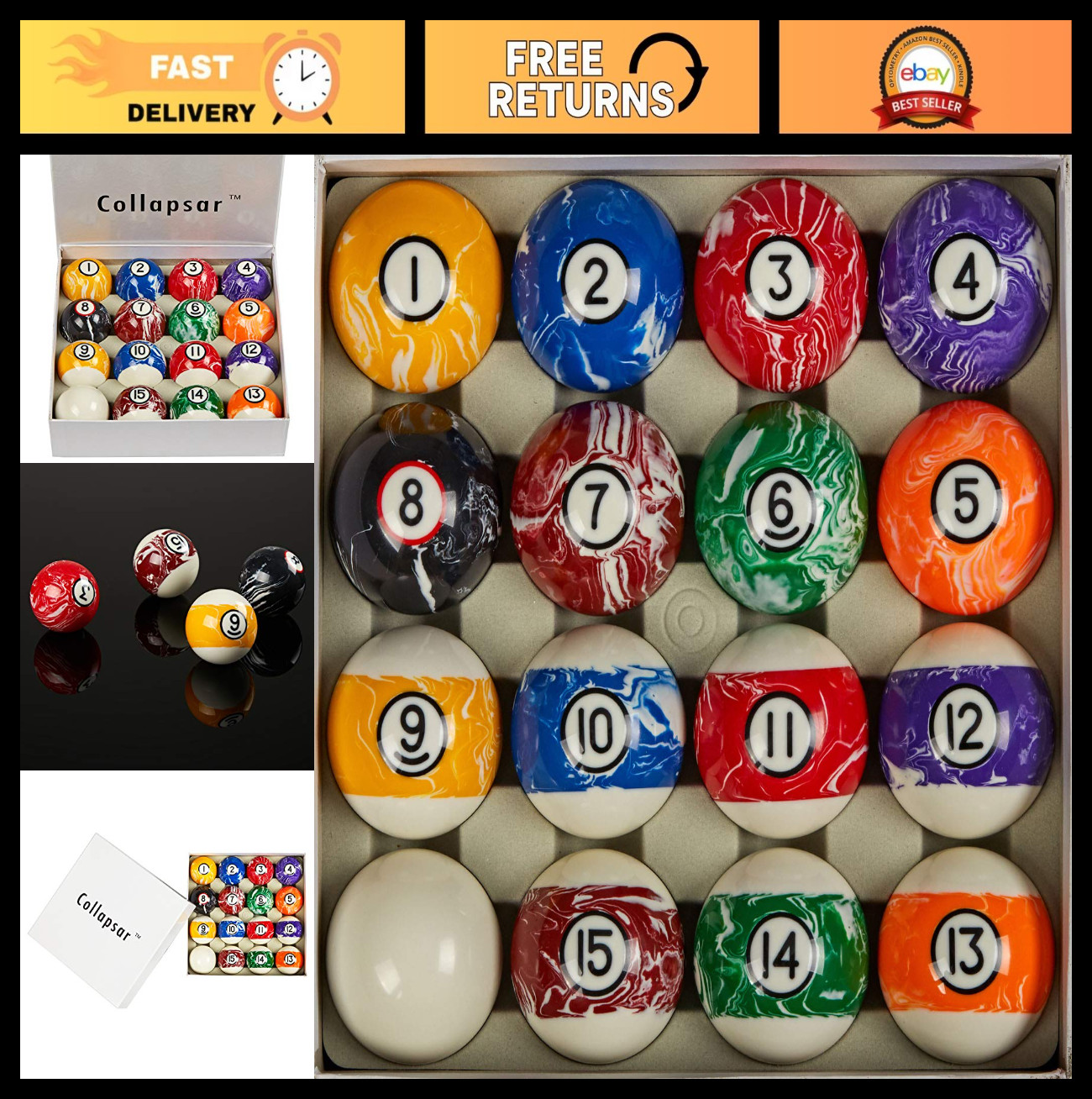 Deluxe 16-Piece Marble-Swirl Billiard Pool Balls Set - 2-1/4" Size, Multiple Sty