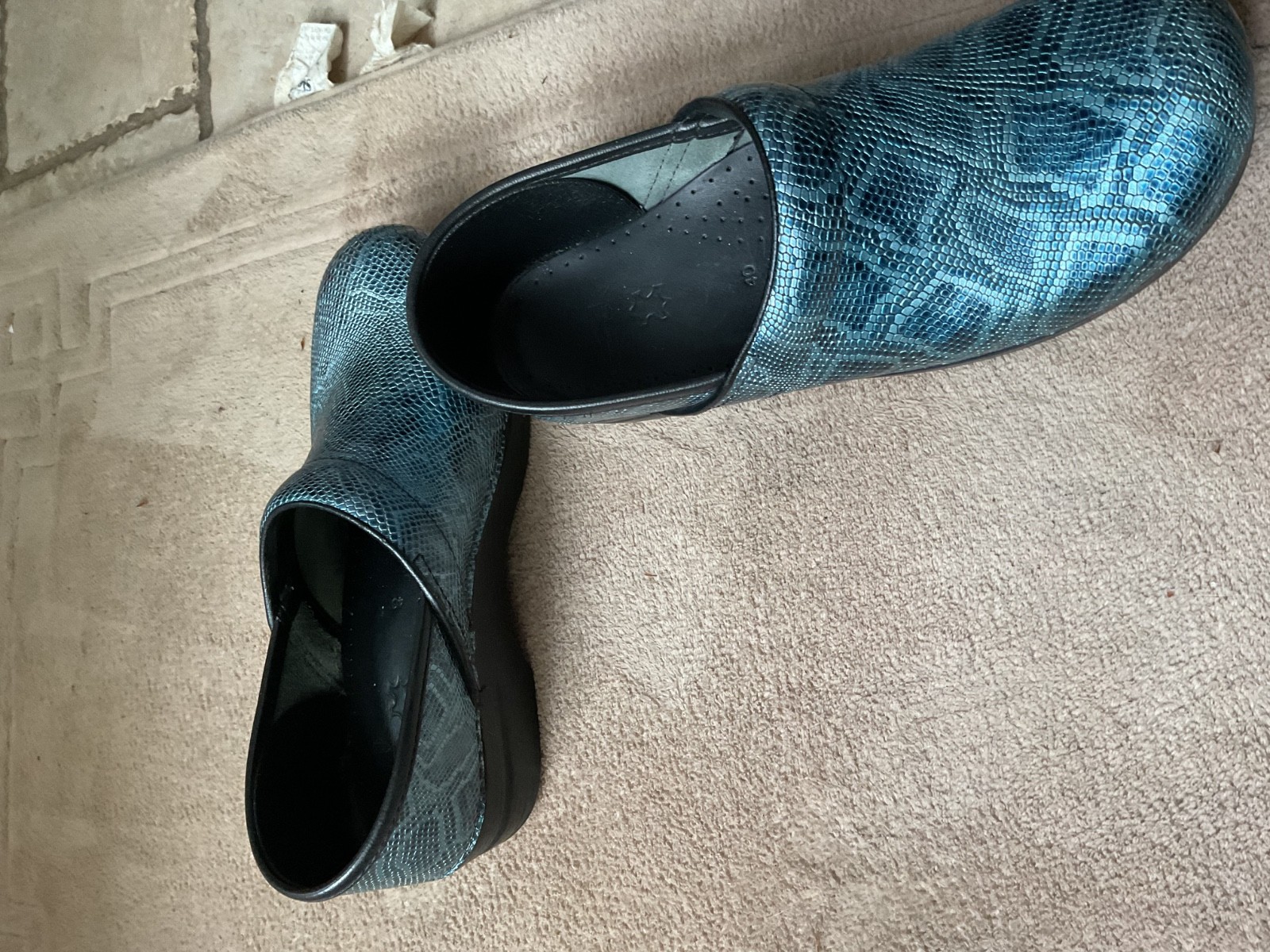 Pair of Blue "Gator Embossed" Dansko Clogs, sz. 40