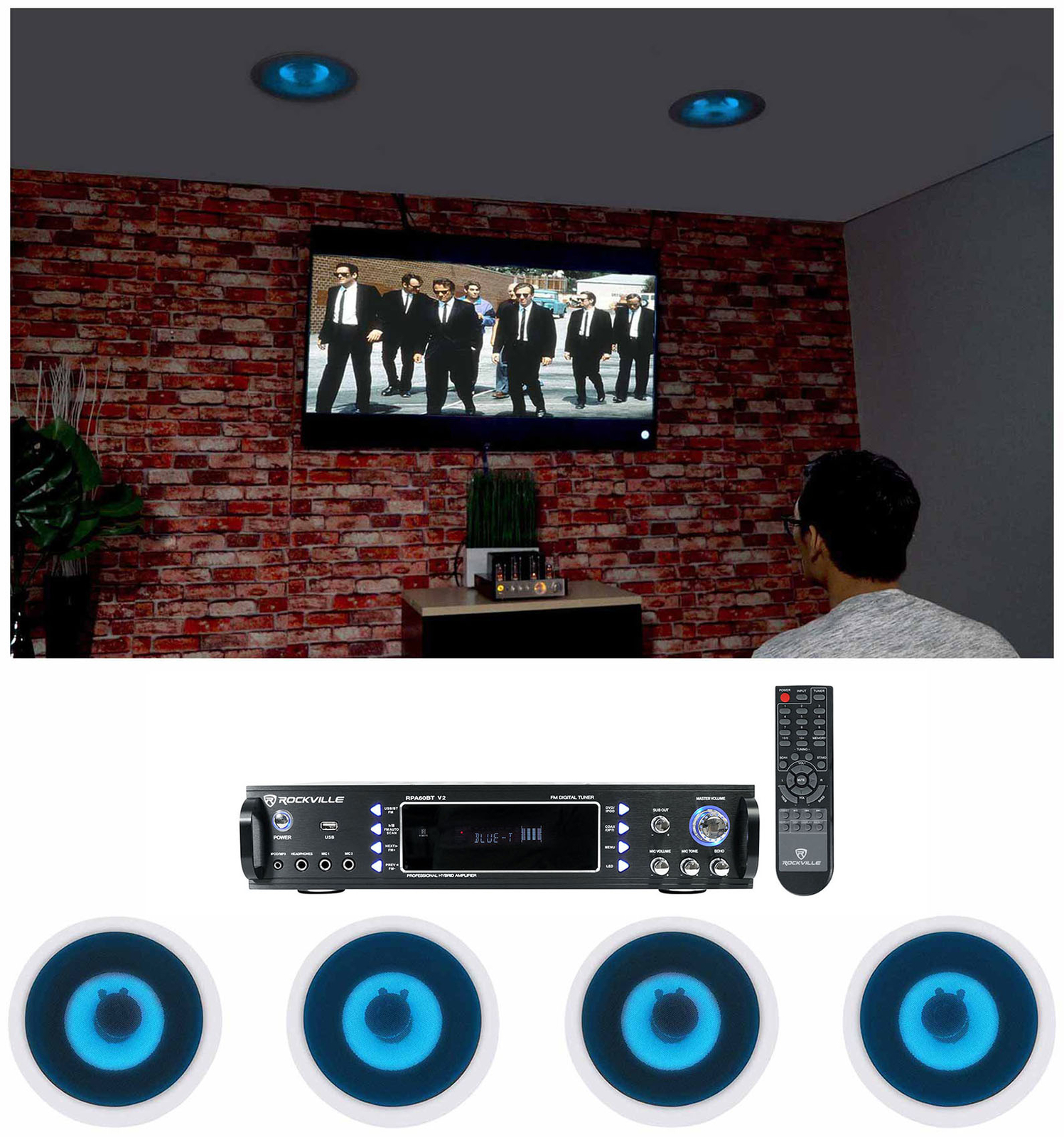 Rockville Home Theater Bluetooth Receiver+(4) In-Ceiling 8" Blue LED Speakers