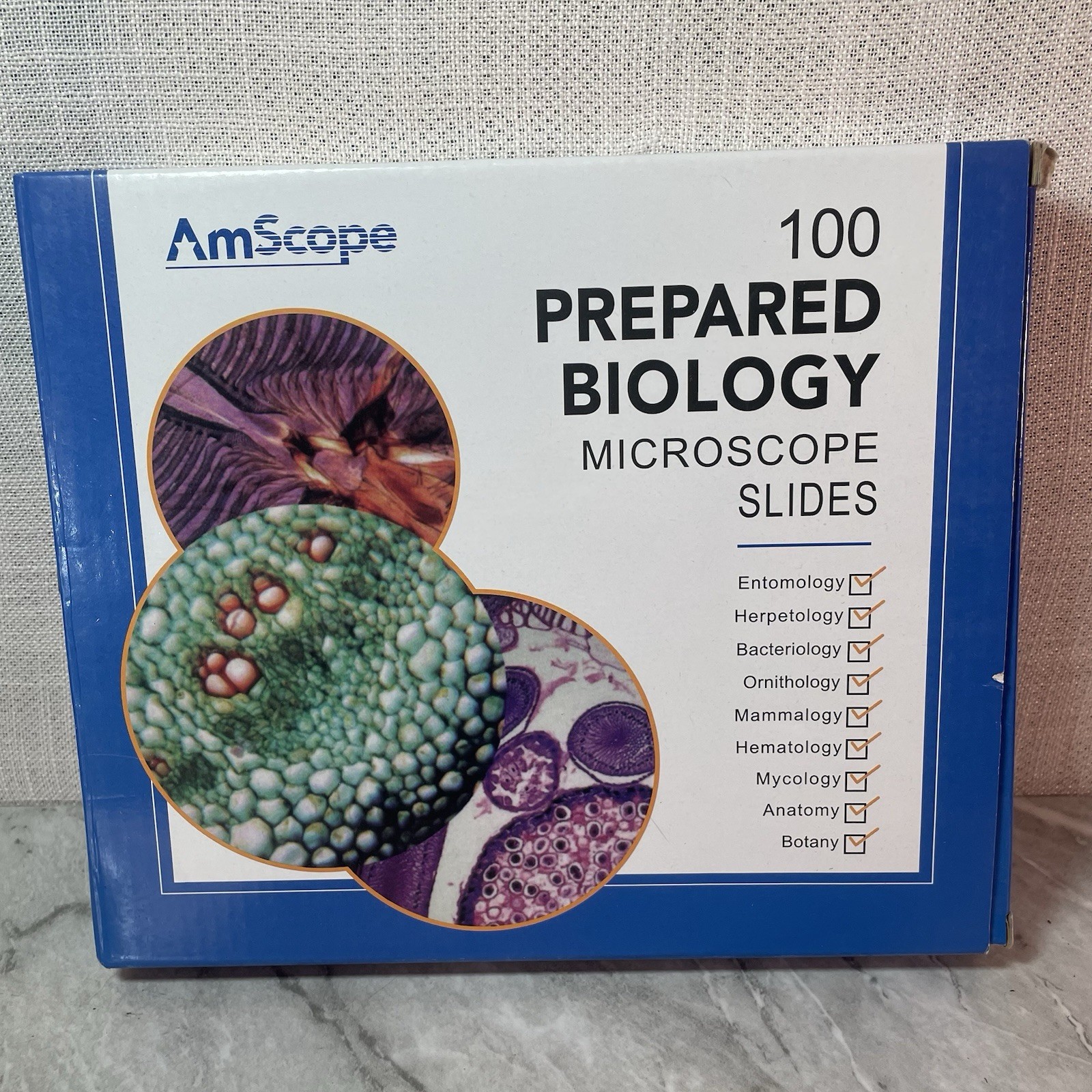 AmScope PS100A 100 PREPARED BIOLOGY SLIDES glass NEW in Box