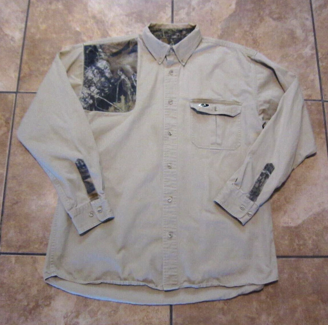 Mossy Oak Shirt Men's Large Tan Shooting Pad Button Up Long Sleeve