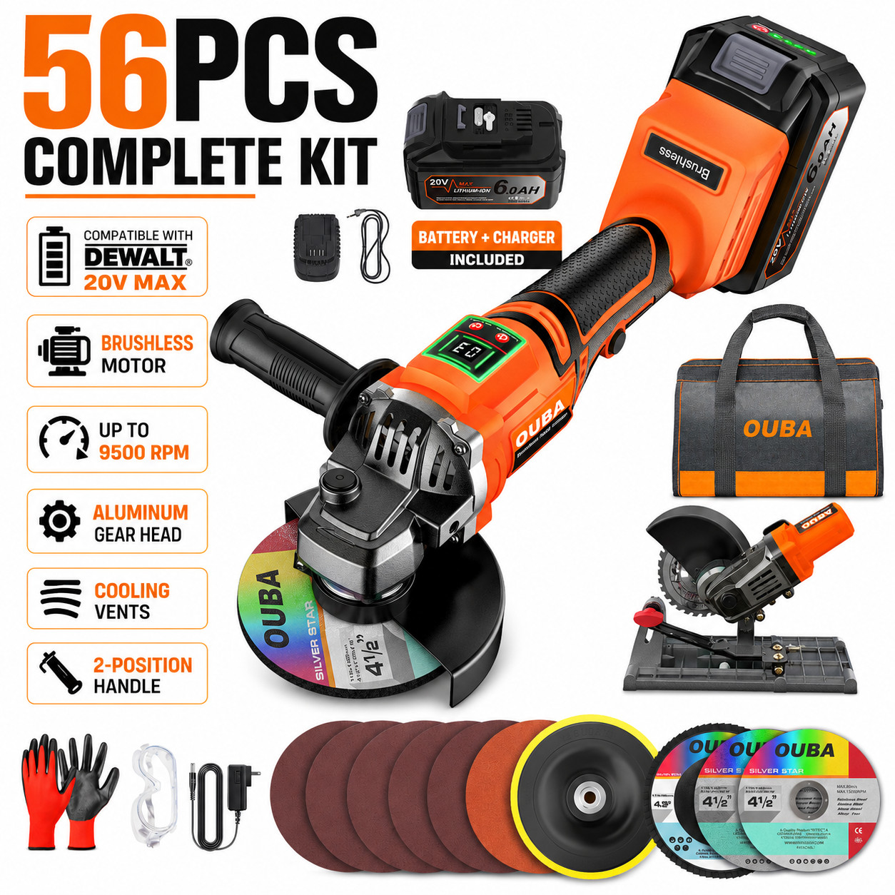 20V Cordless Brushless Angle Grinder 9500RPM 56PCS w/Battery & Stand for DEWALT