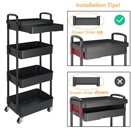 Rolling Utility Cart with Drawer,Multifunctional Storage 4-Tier Black