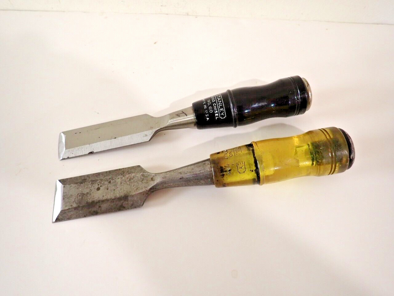 Vintage Stanley 1" and 11/4"  Wood Chisels With Metal Strike Plate made in USA