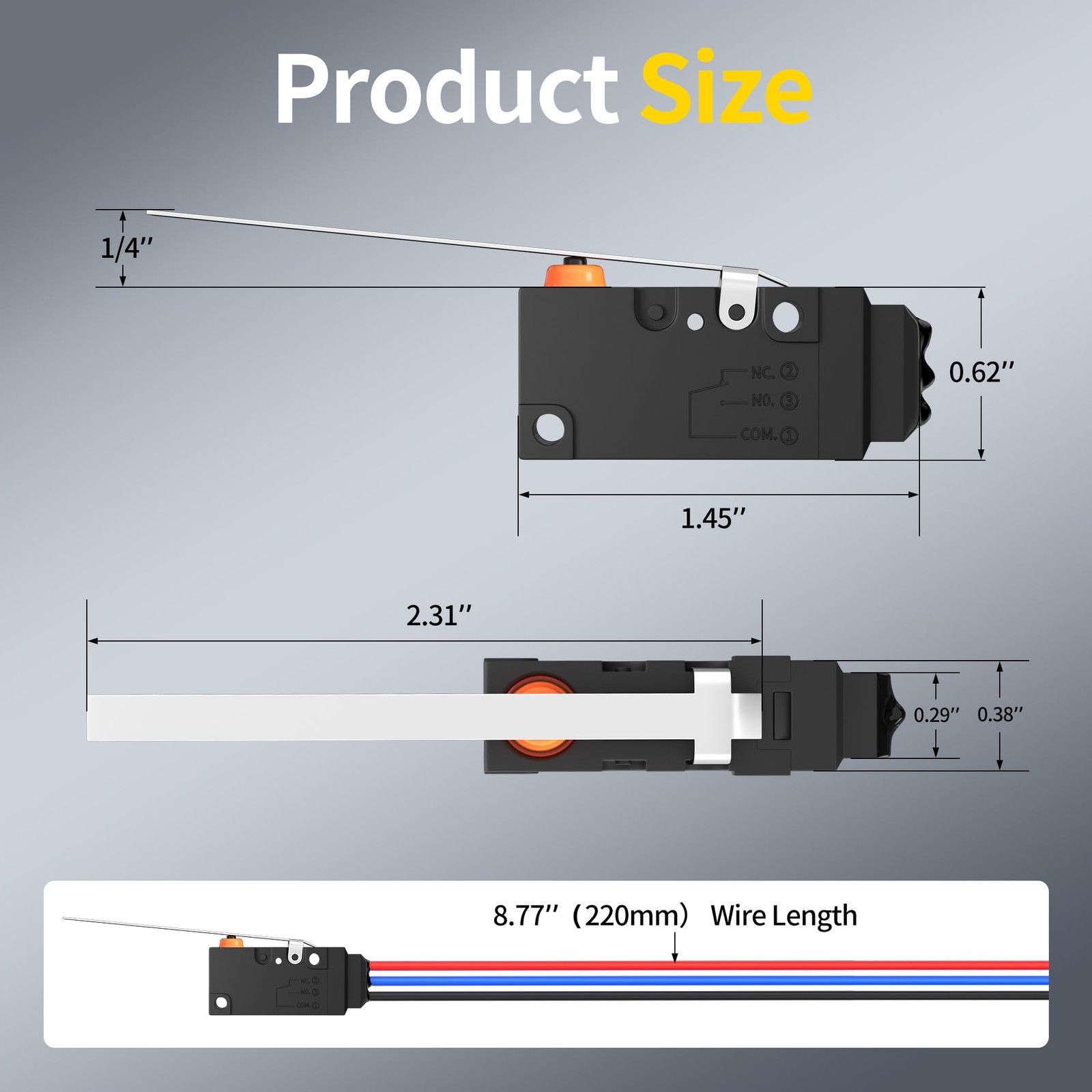 Joinfworld Waterproof Micro Limit Switch with Long Straight Hinge Lever Black