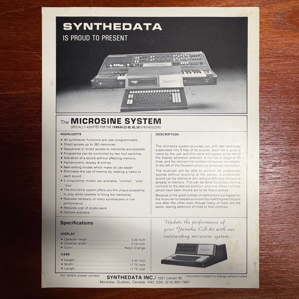 VINTAGE SYNTHDATA MICROSINE SYSTEM SPEC SHEET