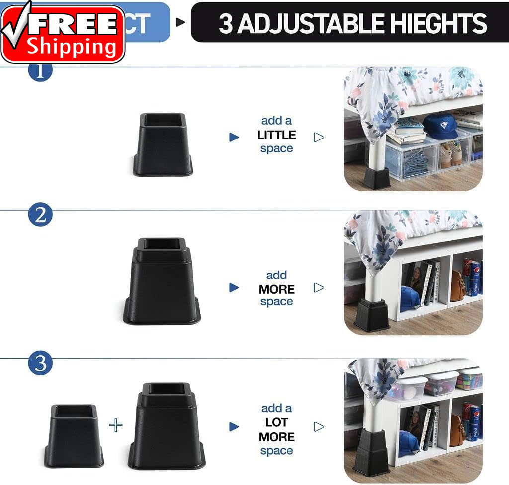 Adjustable Bed Risers - Elevation in 3, 5 or 8 Inch - Heavy Duty Stackable Furni