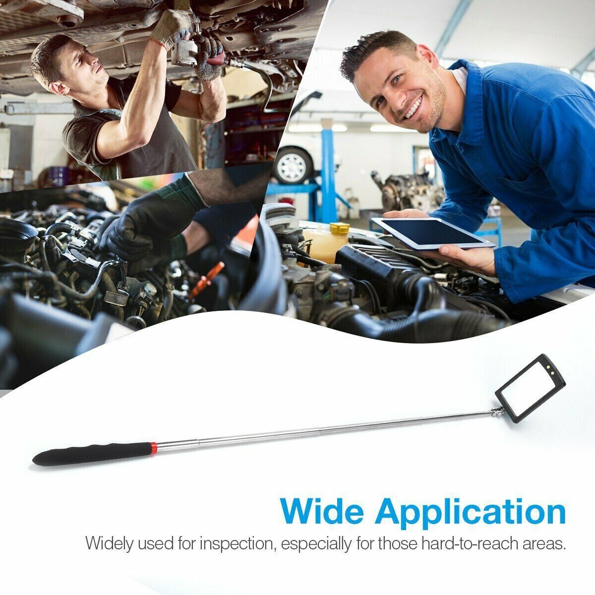 LED Lighted Mechanic Inspection Mirror Telescoping illuminate Swivel Extendable