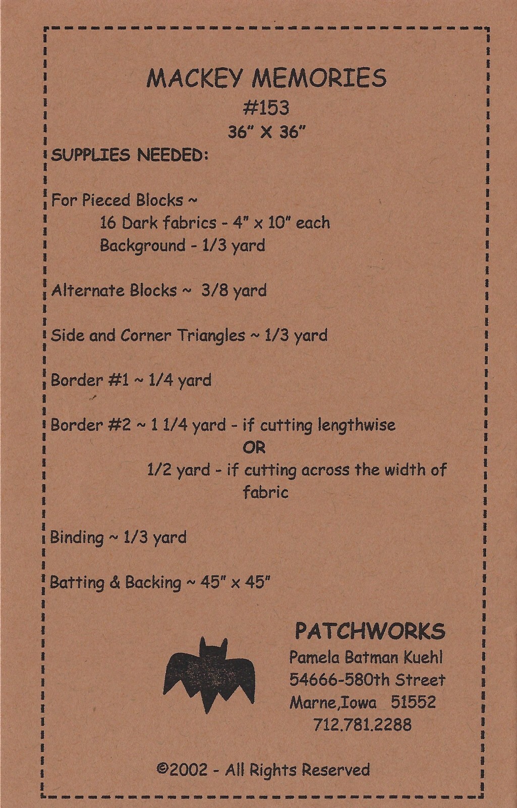 Patchworks #153 MACKEY MEMORIES 36 x 36 Wall Quilt Pattern UNCUT