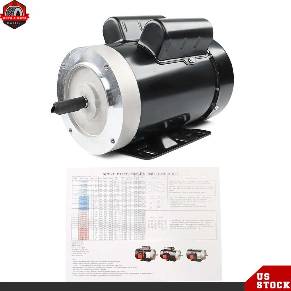 Electric Motor 2 HP 3450 RPM 56C Frame 115 V/230 V 60 HZ 5/8" Shaft 1 Phase