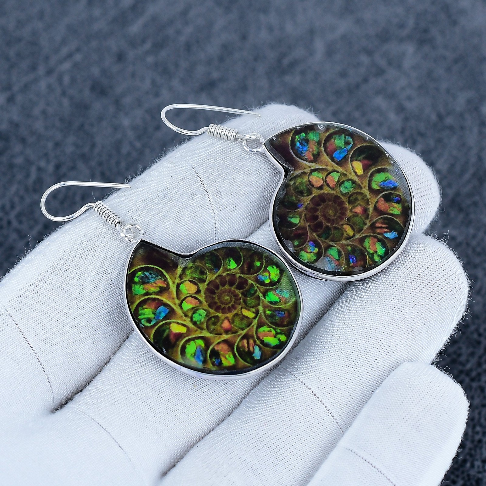 Rainbow Fire Ammonite / Ammolite Fossil Earrings, 925 Sterling Silver Gifts