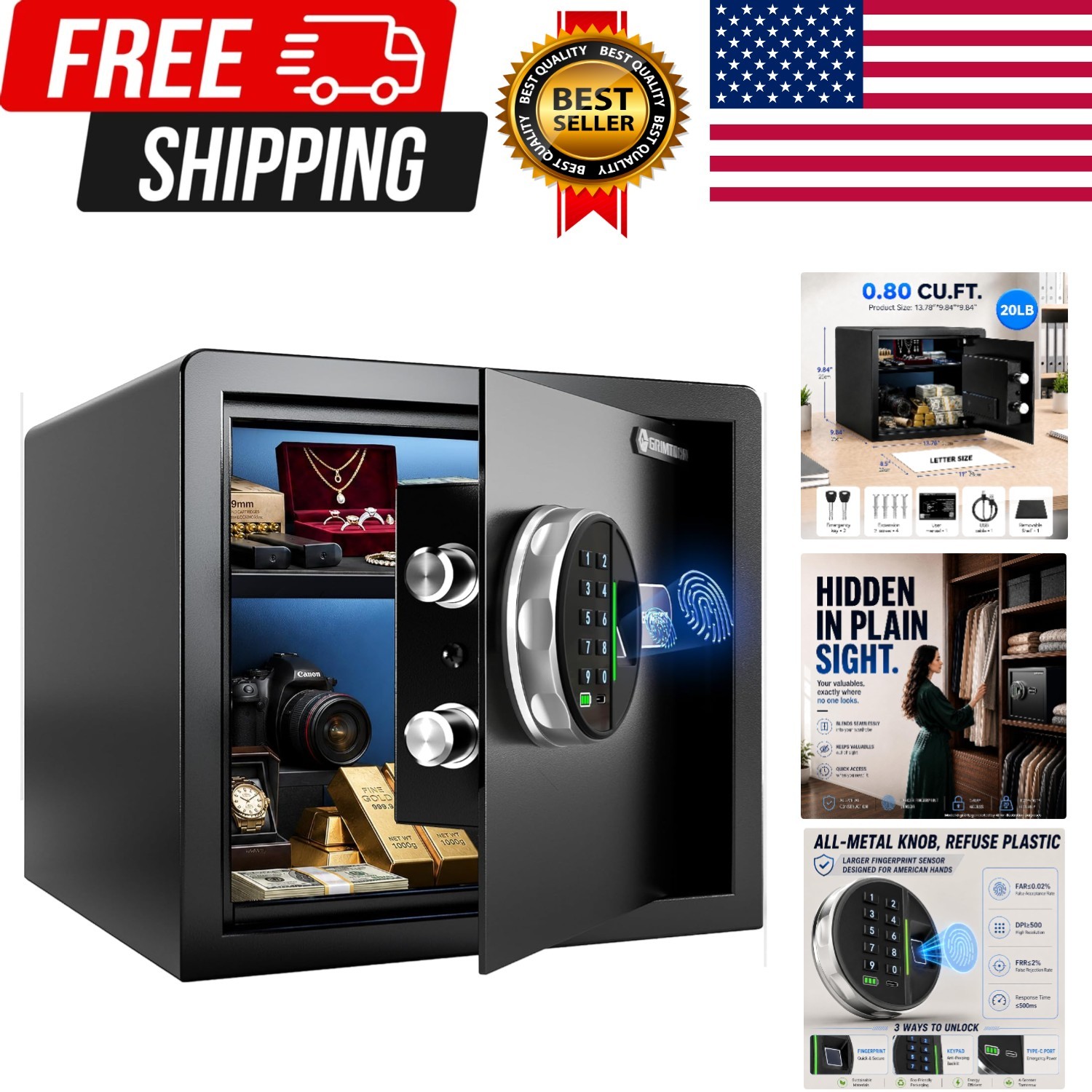 20LB Biometric Safe with Fingerprint Lock, 3-8 Digit PIN | 0.80 cu.ft. Safe w...