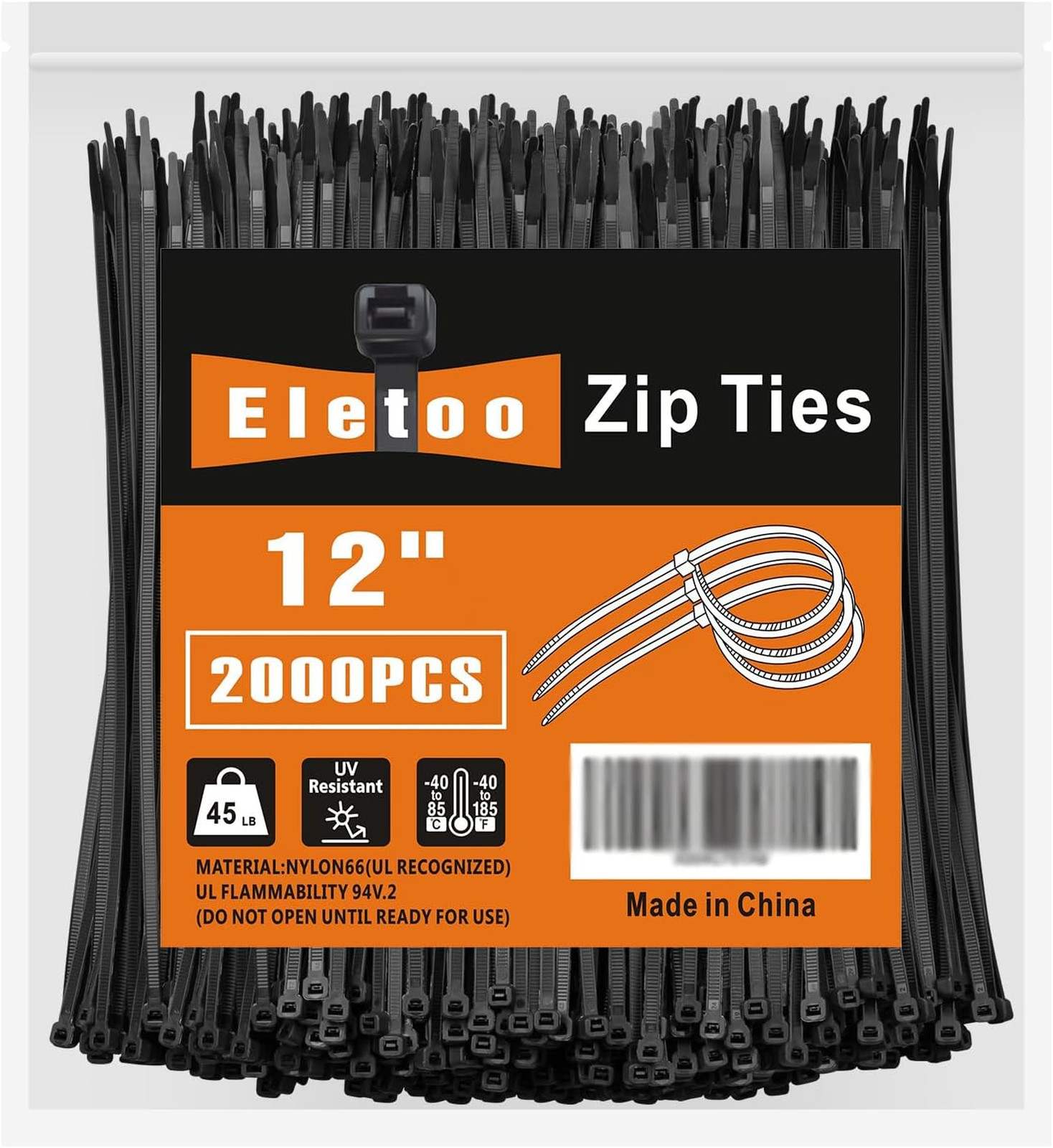 12 Inch Black Zip Ties Nylon Cable Ties UV Resistant 2000 Pack 45 Lbs Tensile