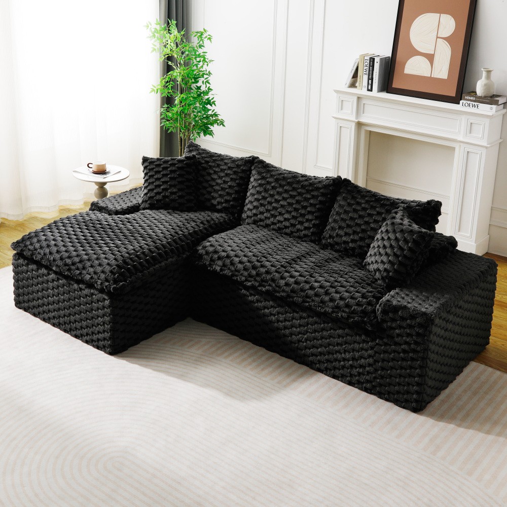 Black Convertible Sofa w/ Chaise Lounge - L-Shape Straight Modular
