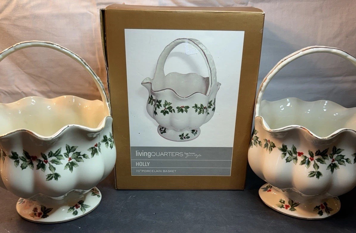 Living Quarters Holly Porcelain Basket 7.5” Christmas Holiday Decor Set of 2