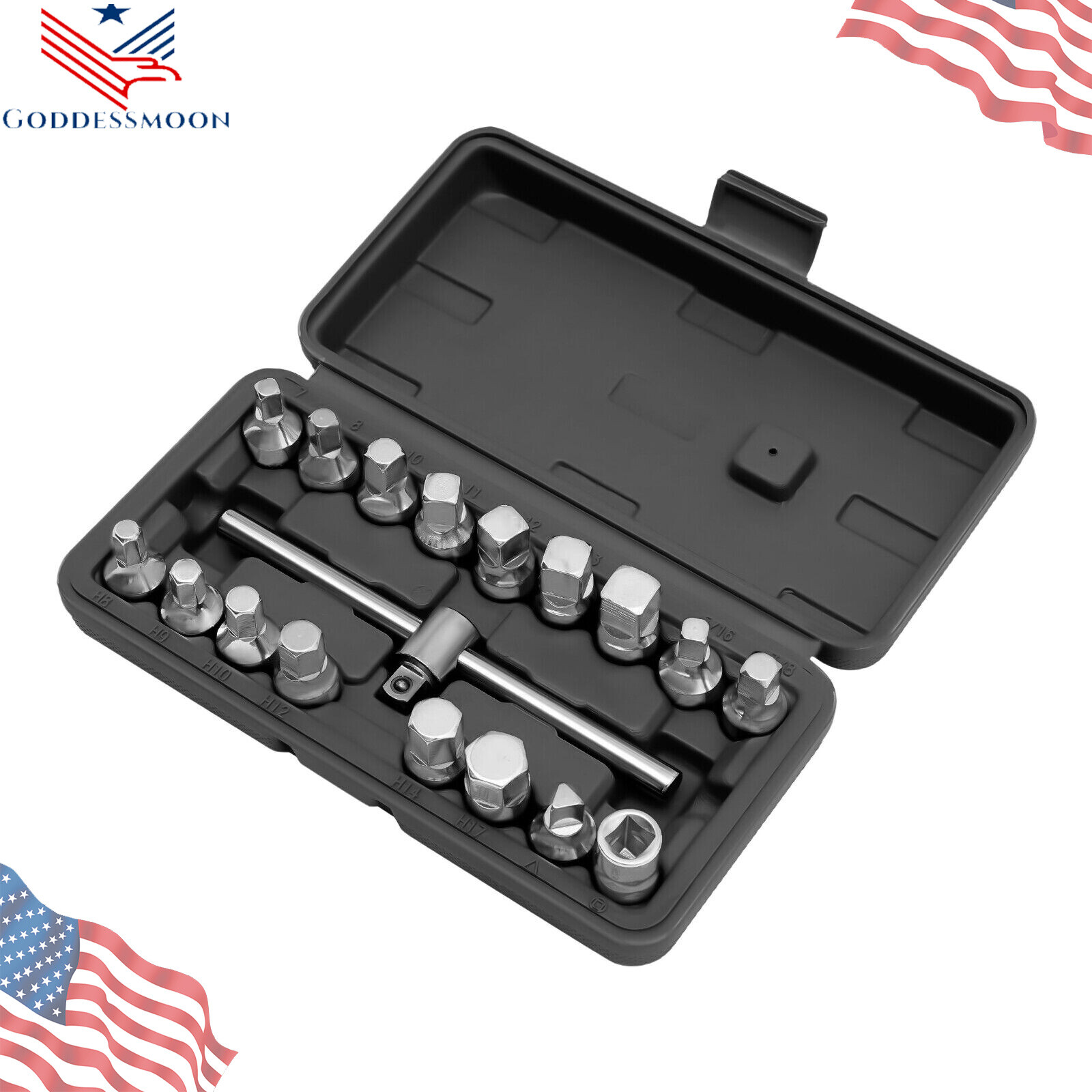 Oil Drain Pipe Plug Hexagon Square Socket Key Removal Tool Set 18Pcs 3/8''Drive