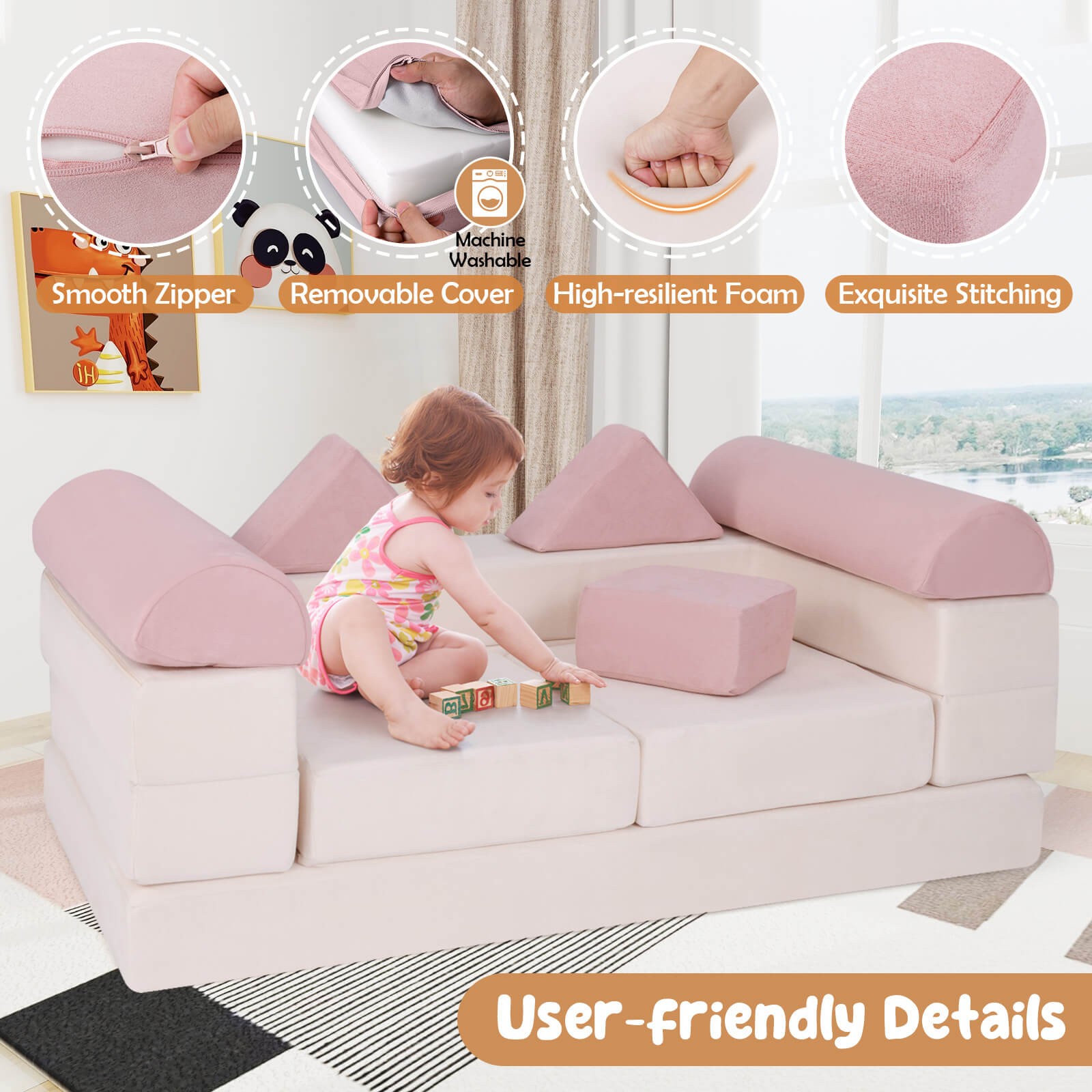 Kids Modular Play Couch Play Set w/ Suede Fabric Cover High-Density Foam