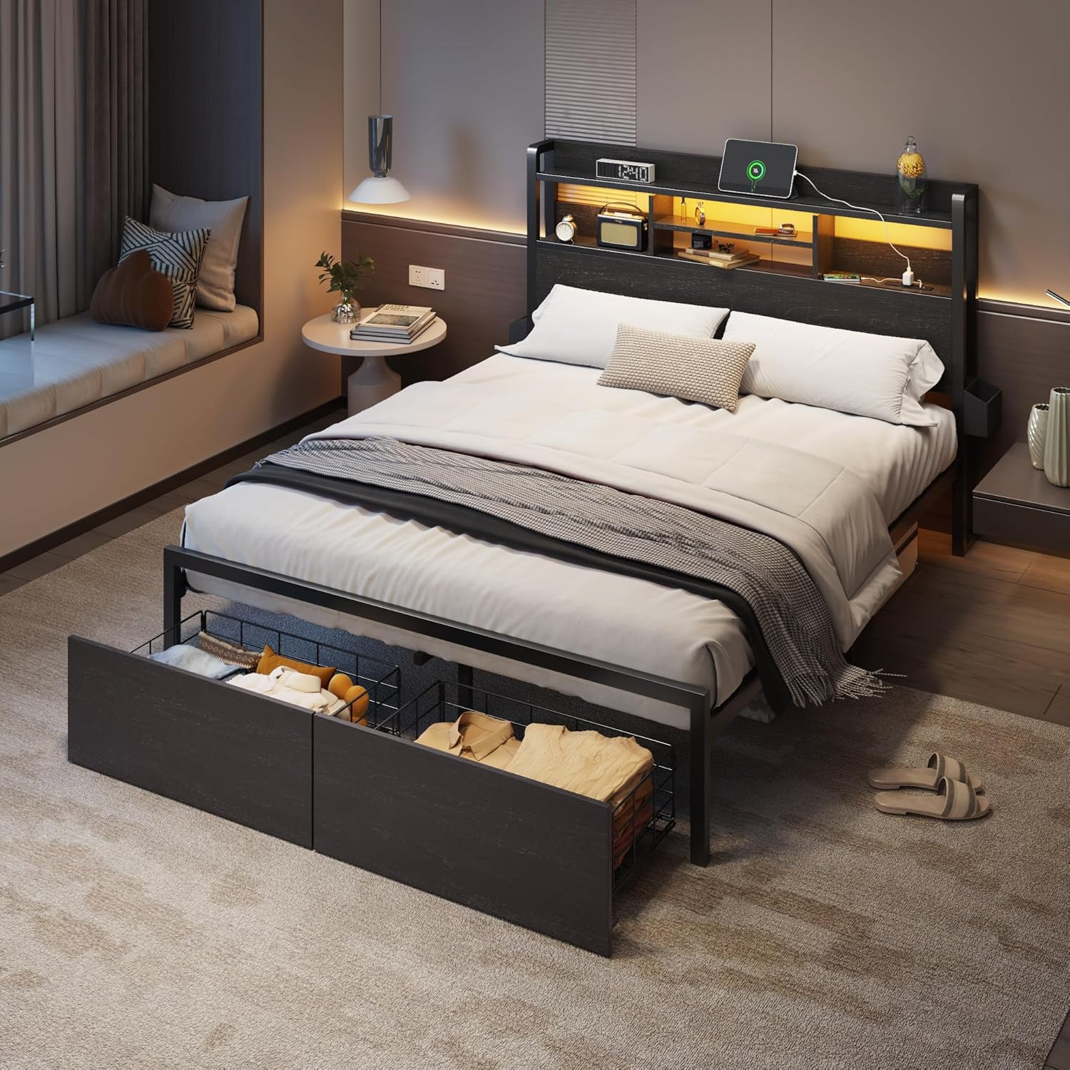 Full Size Bed Frame with Wood Headboard, Metal Platform Bed Frame Full Size w...