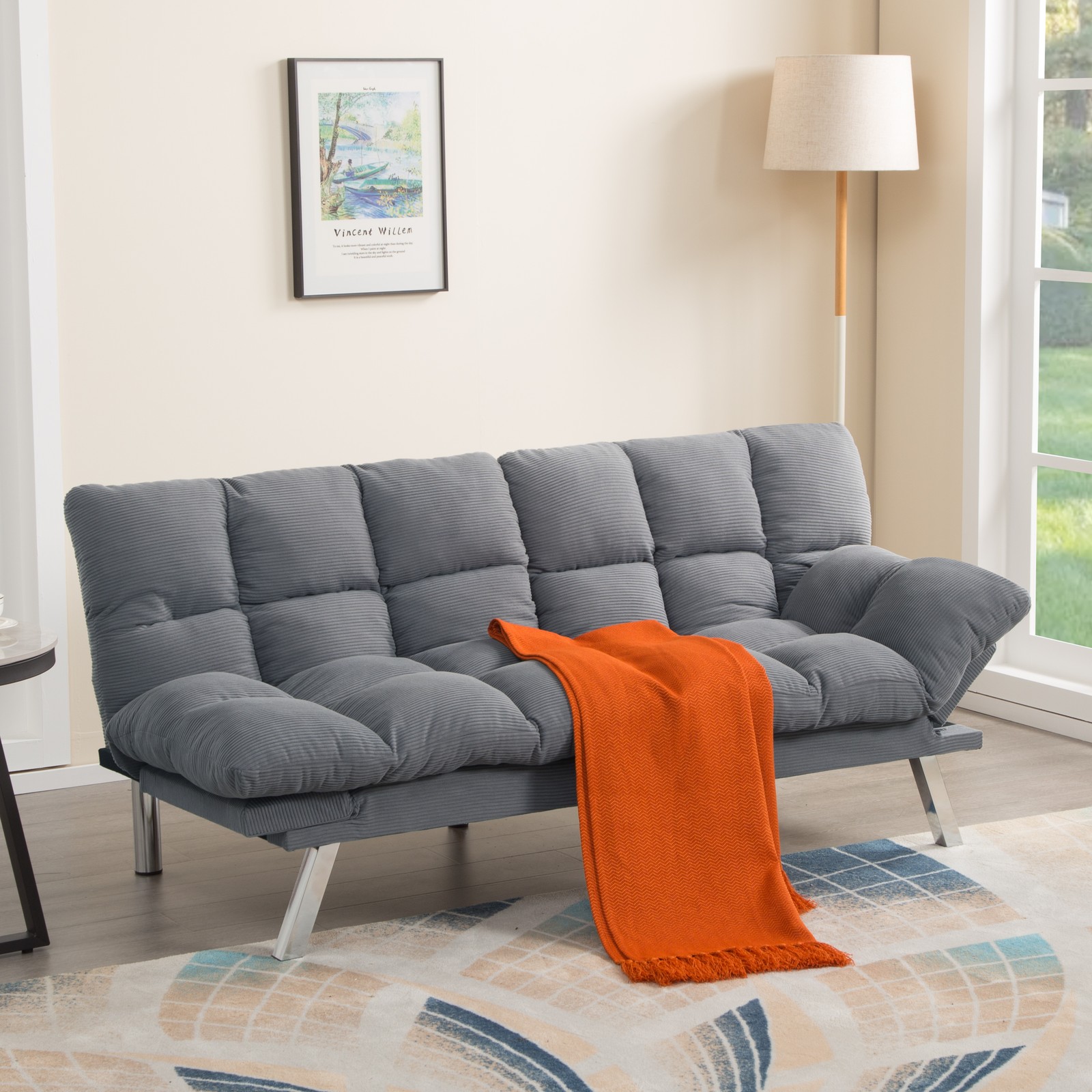 67.3" Gray Corduroy Futon Sofa Bed Adjustable Twin Sleeper Split Back Armrests