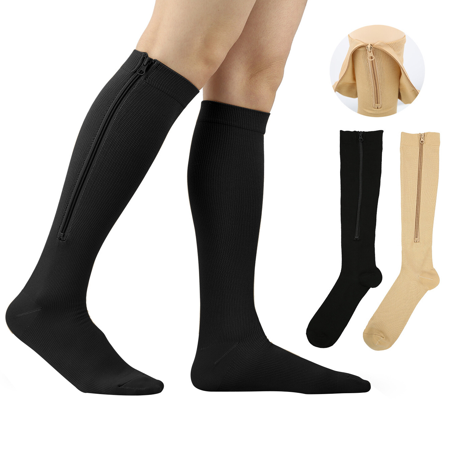 （3 Pairs）Medical 15-20 mmHg Closed Toe Graduated Zippered Compression Stocking