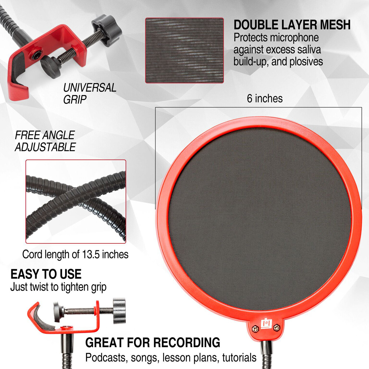 Deco Gear 2-Pack Professional Pop Filter Microphone Wind Screens with Goose Neck