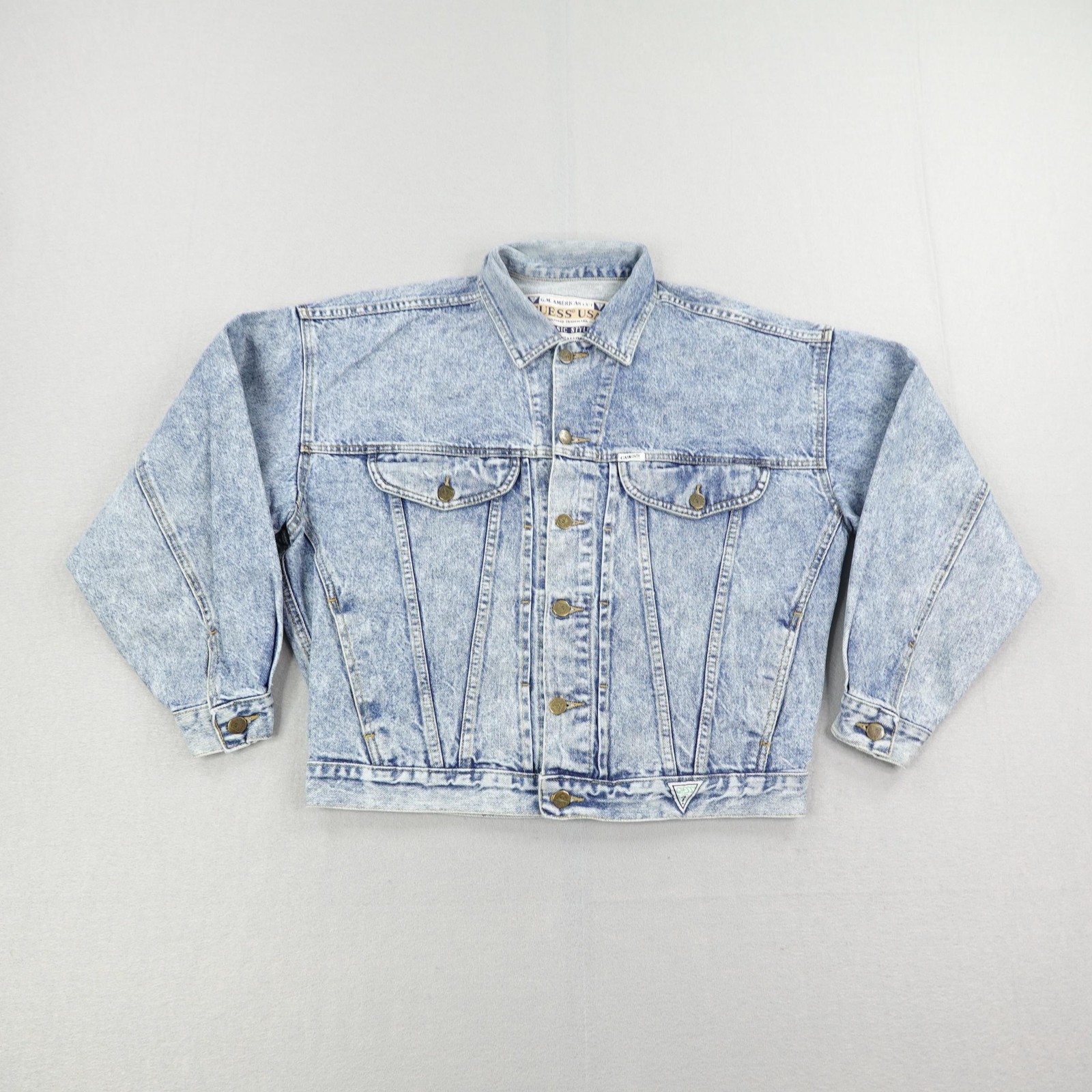 Vintage Guess Jacket Mens Medium Blue Acid Wash Denim Jean Trucker Coat 90s USA