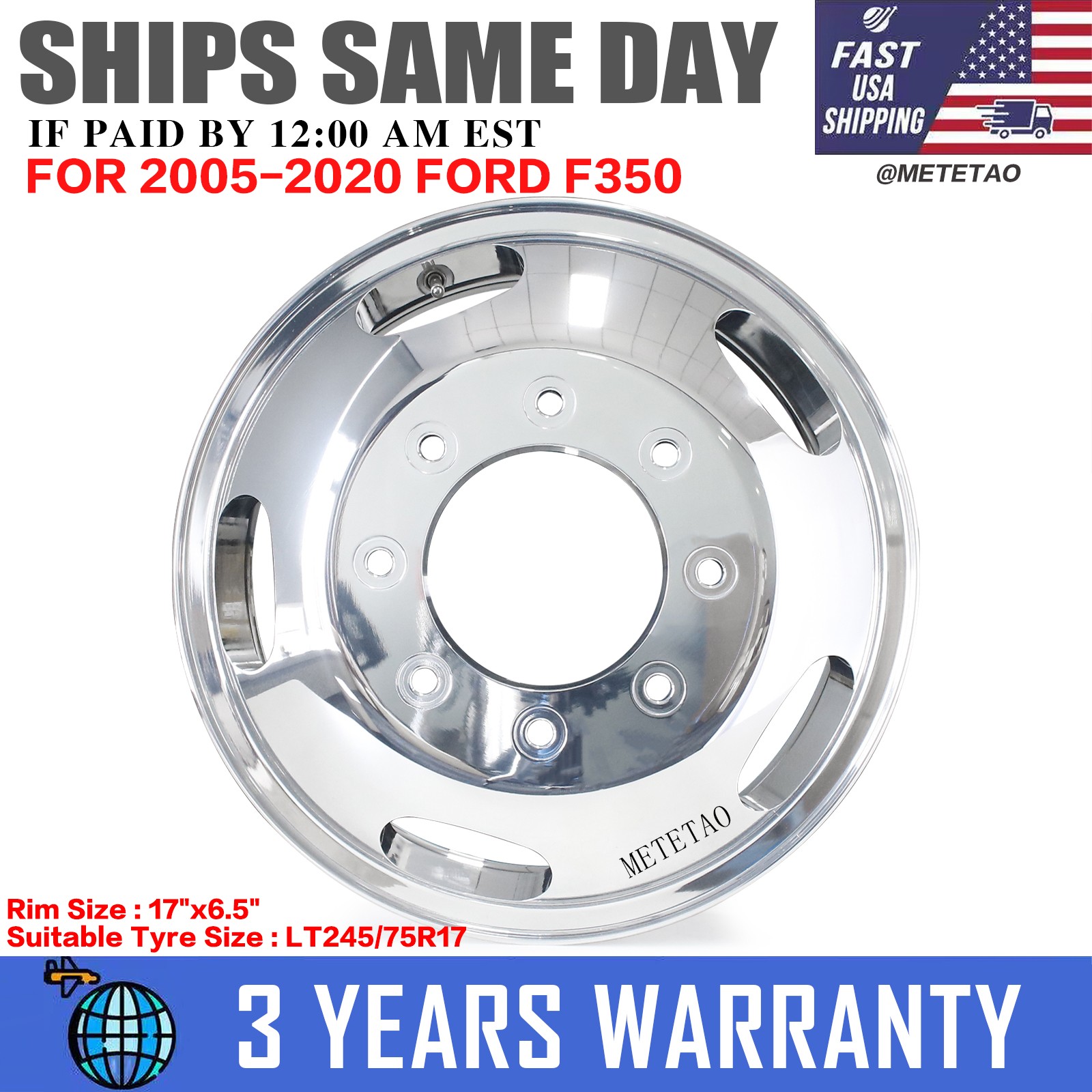 17" x6.5" Wheel Rim For 2005-2020 Ford F-350 Dually Front Polished 560-03618