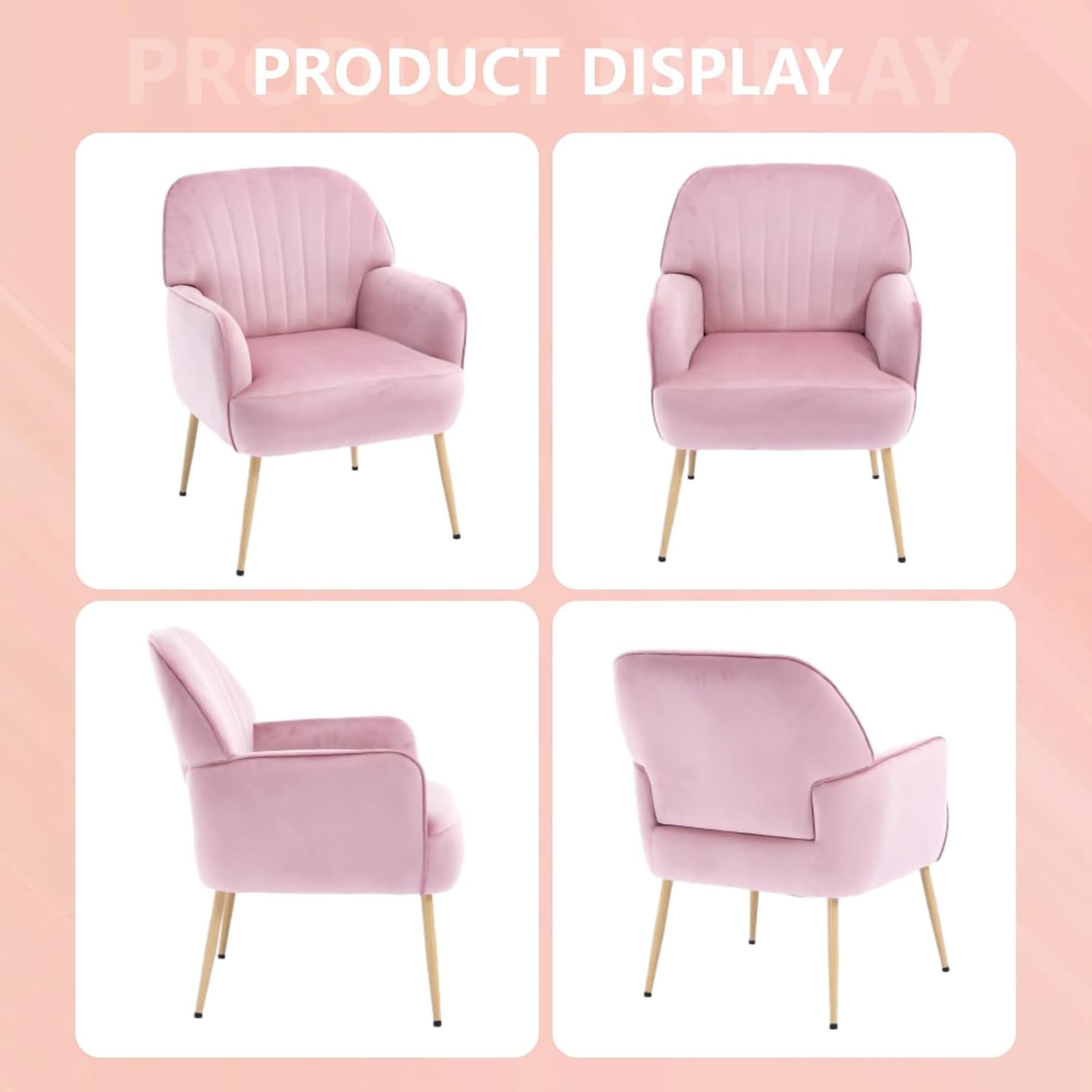 Modern Upholstered Pink Velvet Accent Chair Metal Legs Armchair for Bedroom