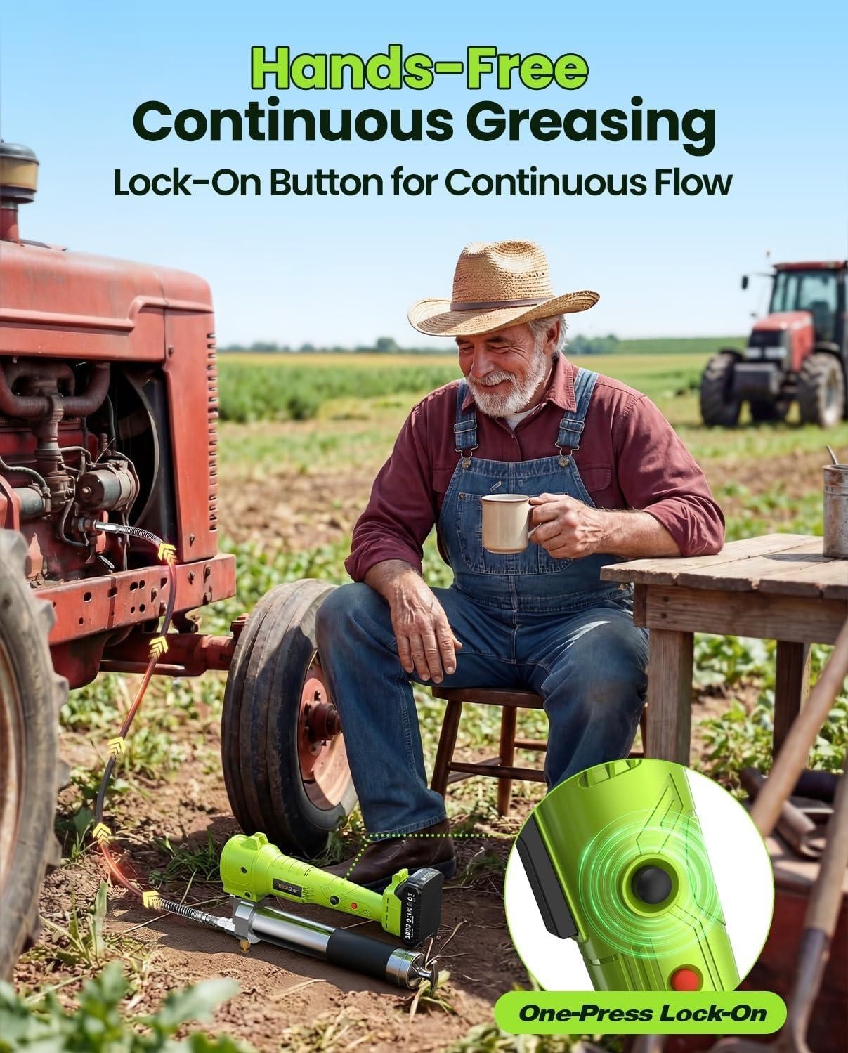 Grease with Lock-On Trigger for Effortless Greasing, Cordless Electric