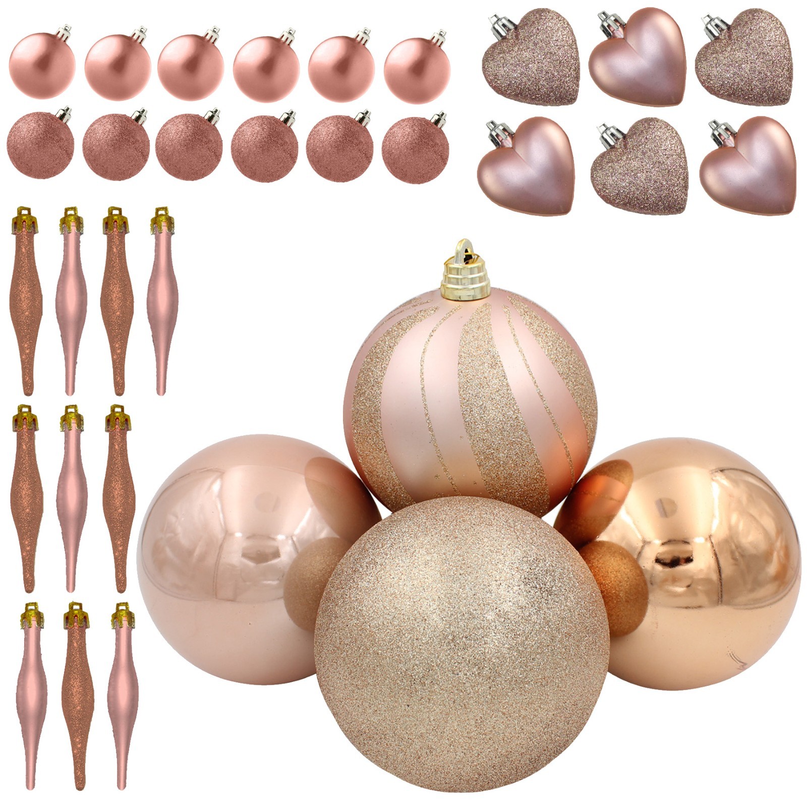Christmas Tree Decorations Glitter / Plain Baubles Hearts Droplets Rose Gold