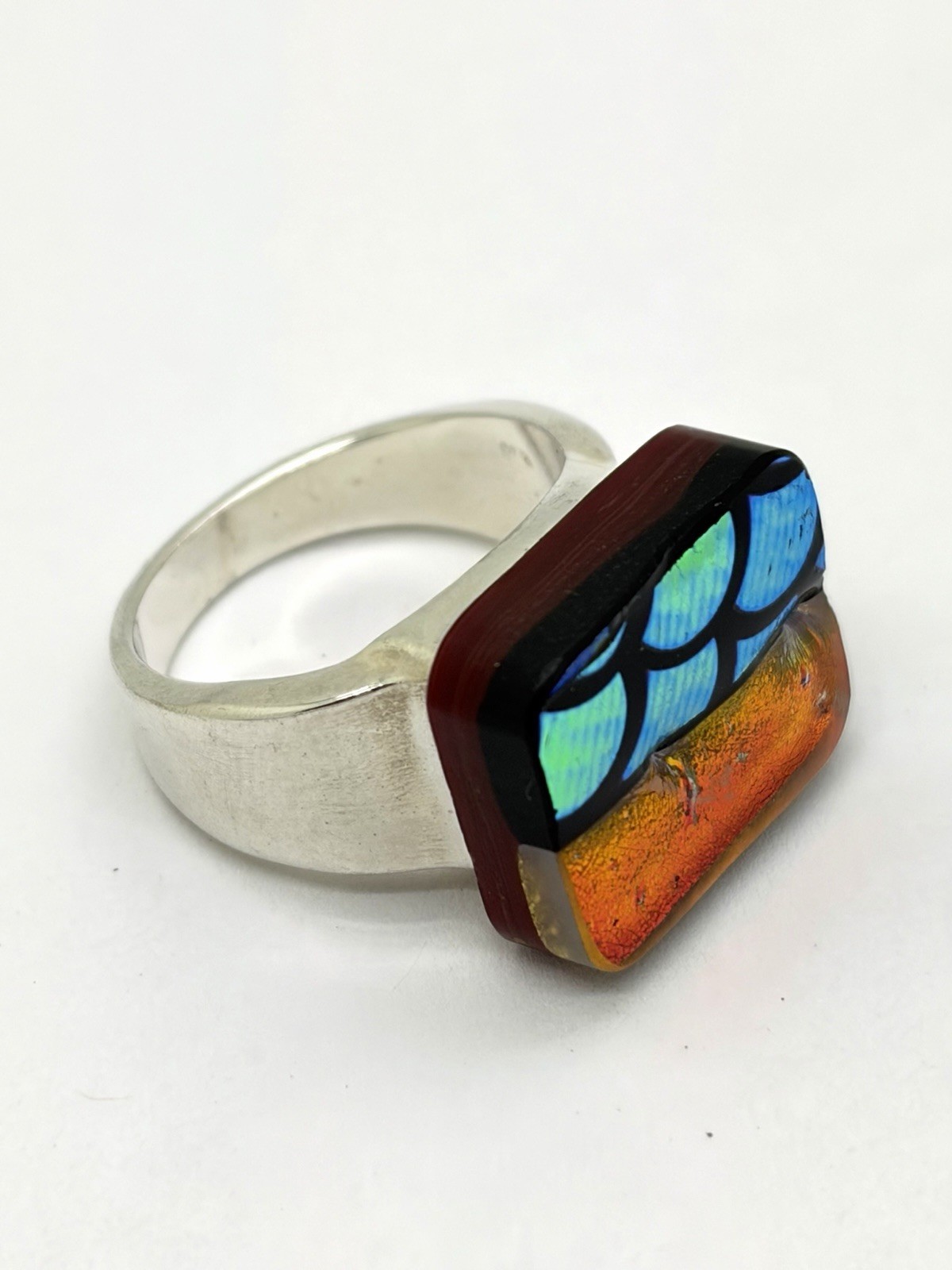 Dichroic Fused Glass Silver Toned Ring-Size 7.75