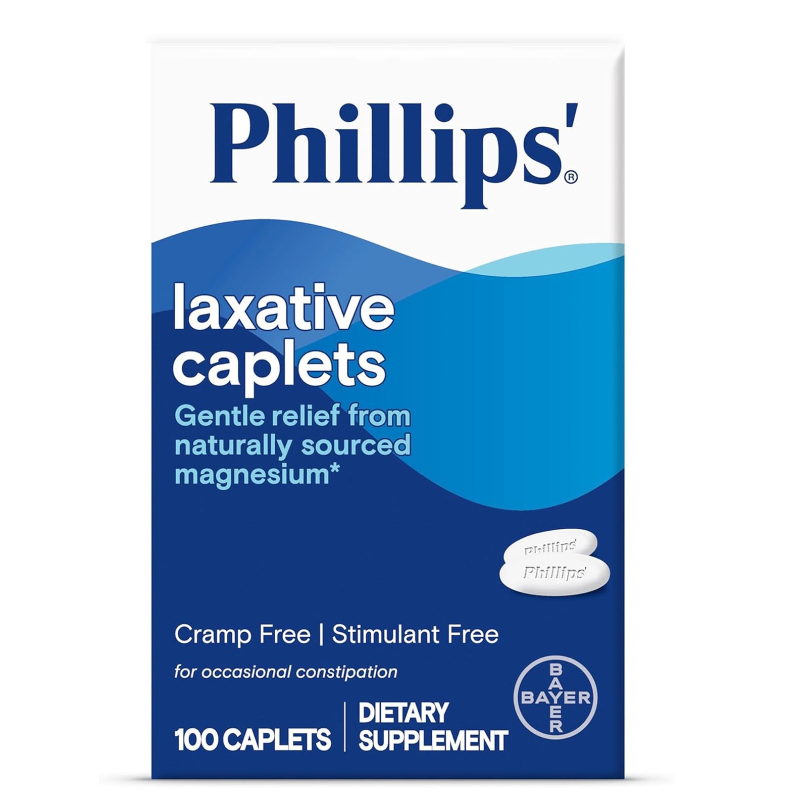 Phillips' Laxative Caplets, With Naturally Sourced Magnesium 100 Count, White