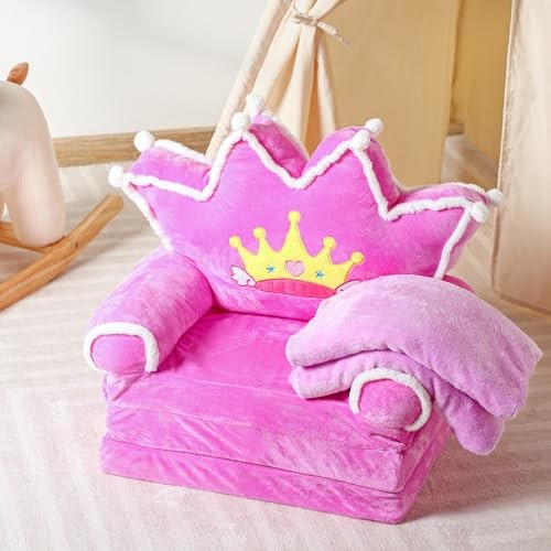 Gifts for Kids Couch 2 in 1 Toddler Couch Fold Out with Flannel Blanket Purple