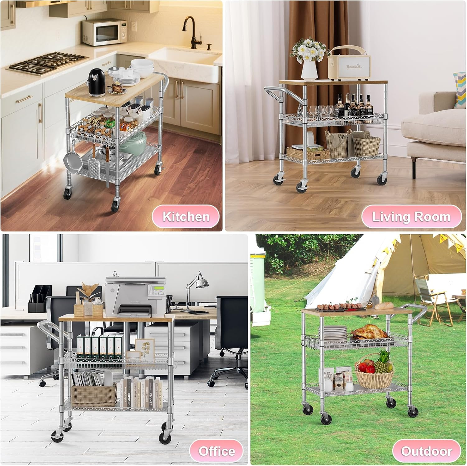 3 Tier Rolling Kitchen Carts with Wheels, Heavy Duty Rolling Utility Cart with W
