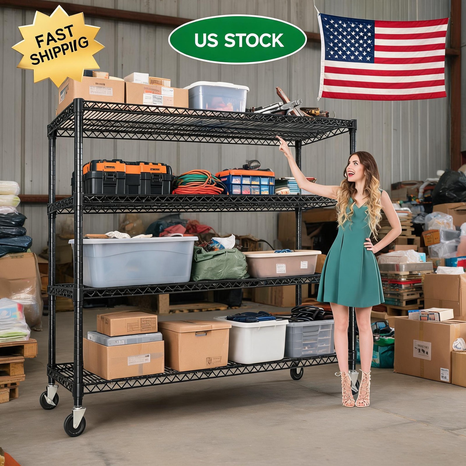 Metal Shelving 4-Tiers with Wheels, 2640LBS Heavy Duty Storage Shelves for Garag