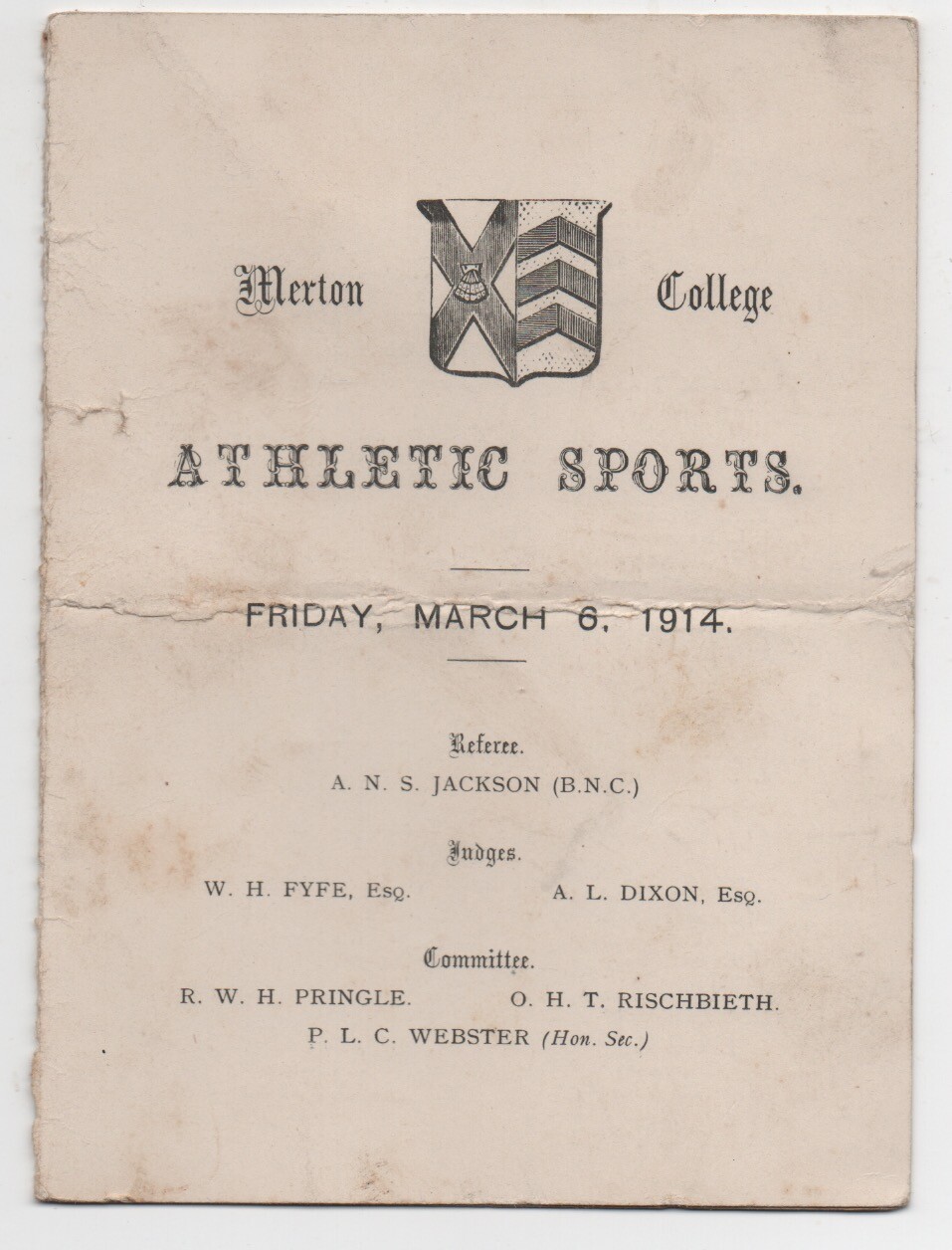 1914 Merton College Oxford England Athletic Sports Program