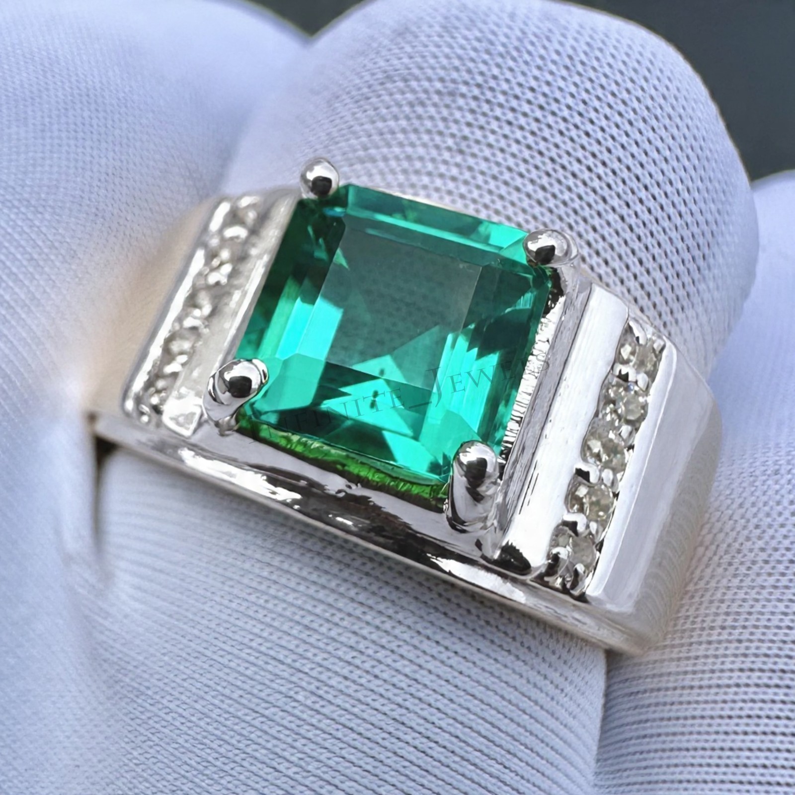 Emerald Men’s Signet Ring, 925 Sterling Silver Ring, Green Gemstone Ring for Man