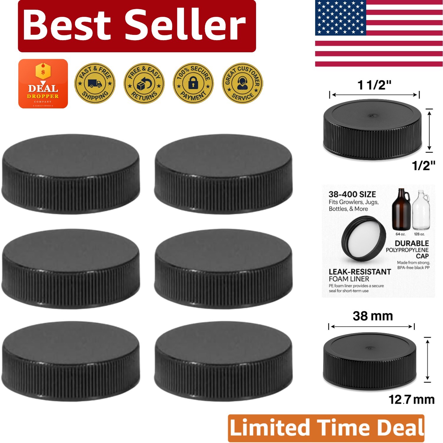 Ribbed Black Screw Caps with Foam Liner – Perfect Fit for Kombucha Growlers